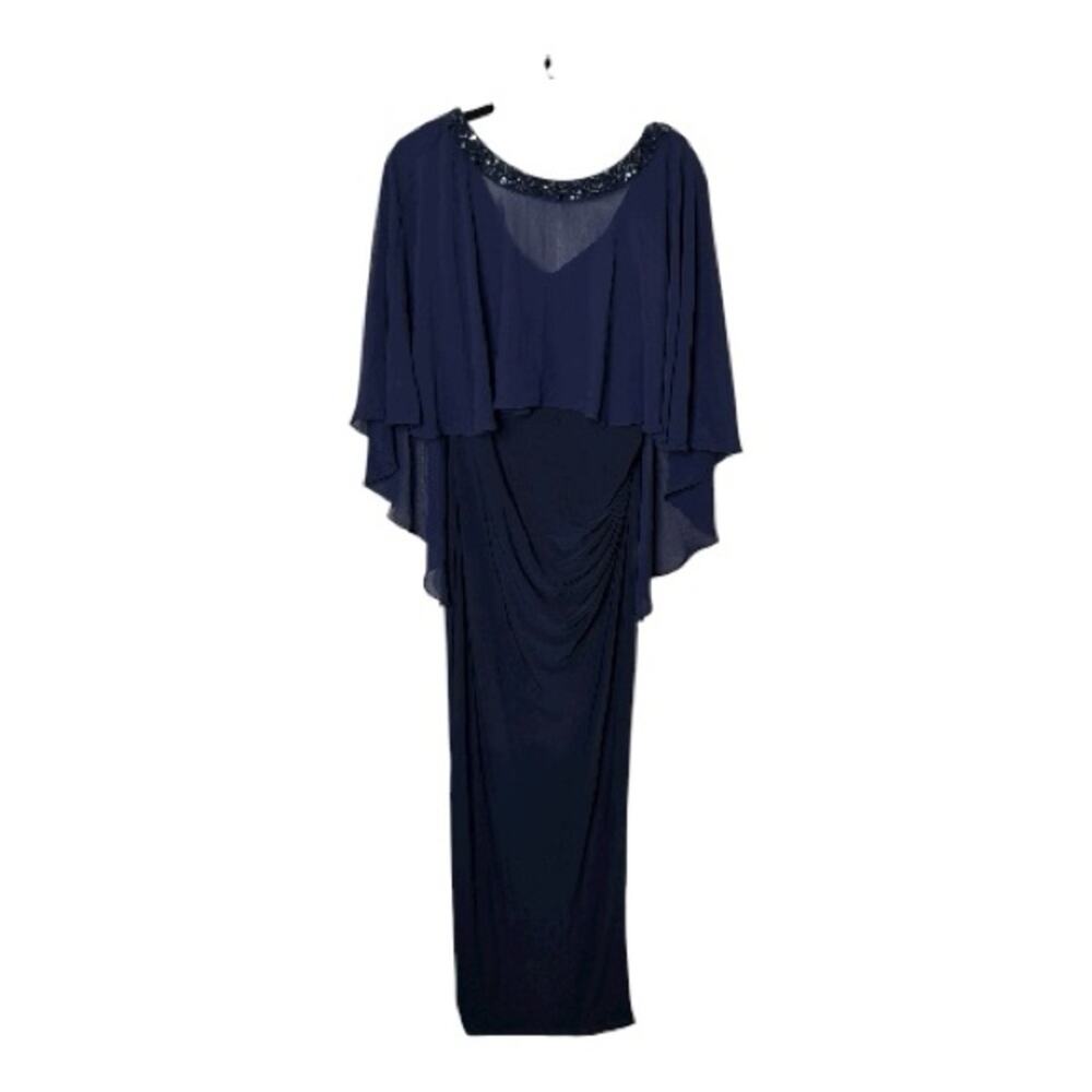 Chaps Navy Blue Bodycon Gown Beaded Sheer Overlay Zipper Back 2
